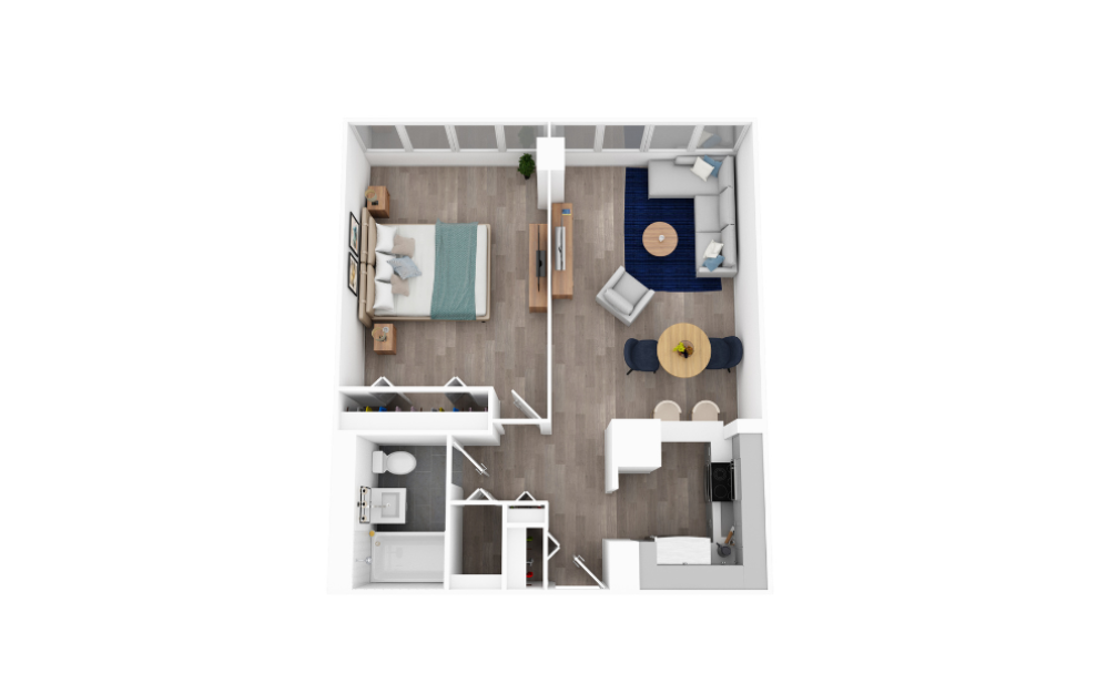 1 Bed 1 Bath A - 1 bedroom floorplan layout with 1 bathroom and 600 square feet (3D)