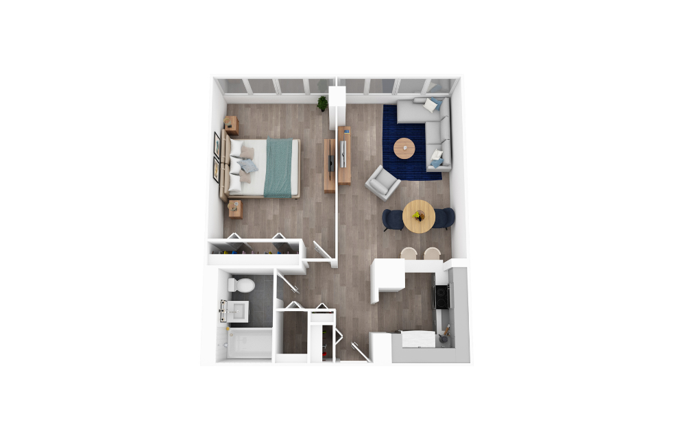 1 Bed 1 Bath A - 1 bedroom floorplan layout with 1 bath and 600 square feet. (3D)
