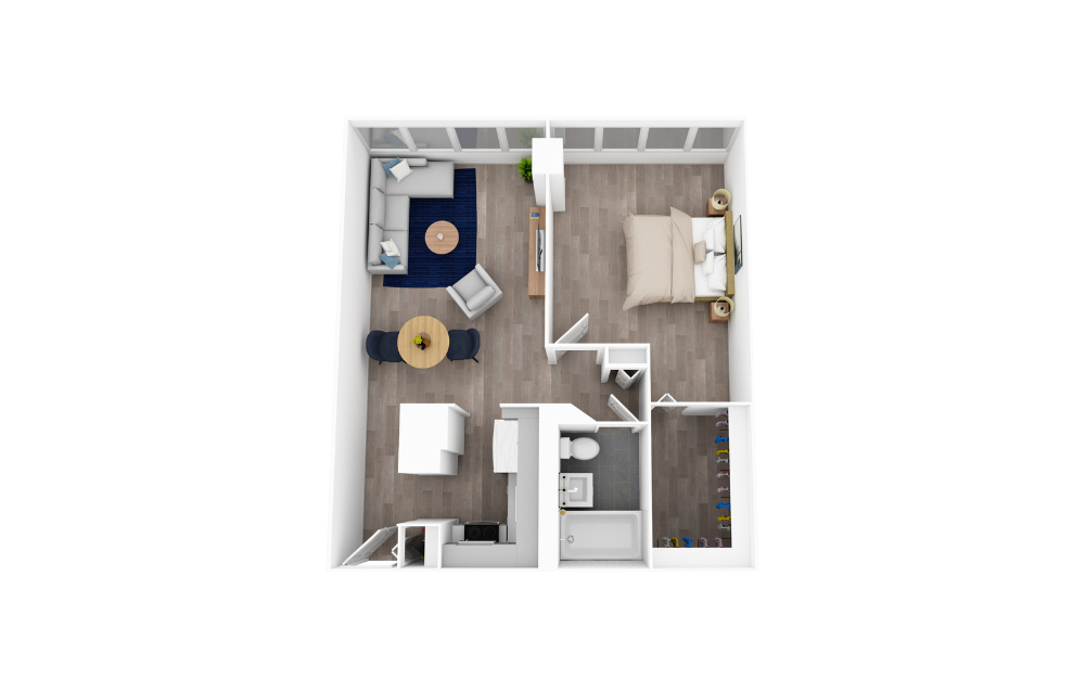 1 Bed 1 Bath B - 1 bedroom floorplan layout with 1 bath and 600 square feet. (3D)