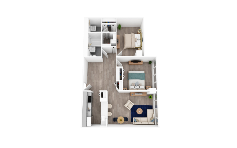 2 Bed 1.5 Bath - 2 bedroom floorplan layout with 1.5 bathroom and 860 square feet (3D)