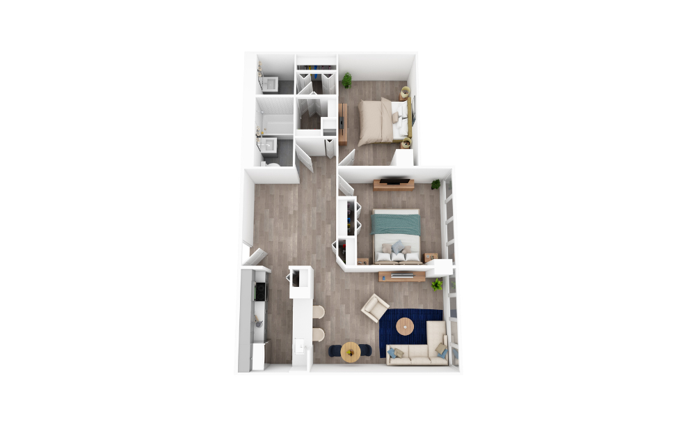 2 Bed 1.5 Bath - 2 bedroom floorplan layout with 1.5 bath and 860 square feet. (3D)