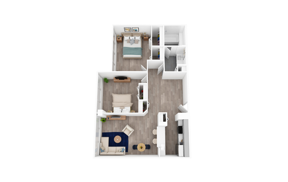2 Bed 1 Bath D - 2 bedroom floorplan layout with 1 bath and 860 square feet. (3D)