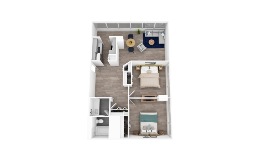 2 Bed 1 Bath E - 2 bedroom floorplan layout with 1 bathroom and 860 square feet (3D)