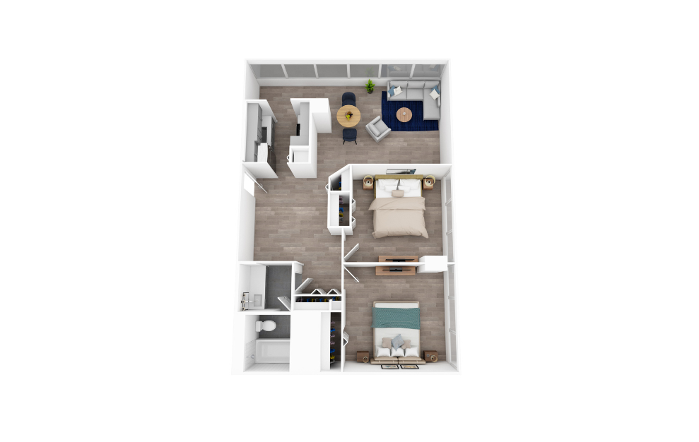 2 Bed 1 Bath E - 2 bedroom floorplan layout with 1 bath and 860 square feet. (3D)