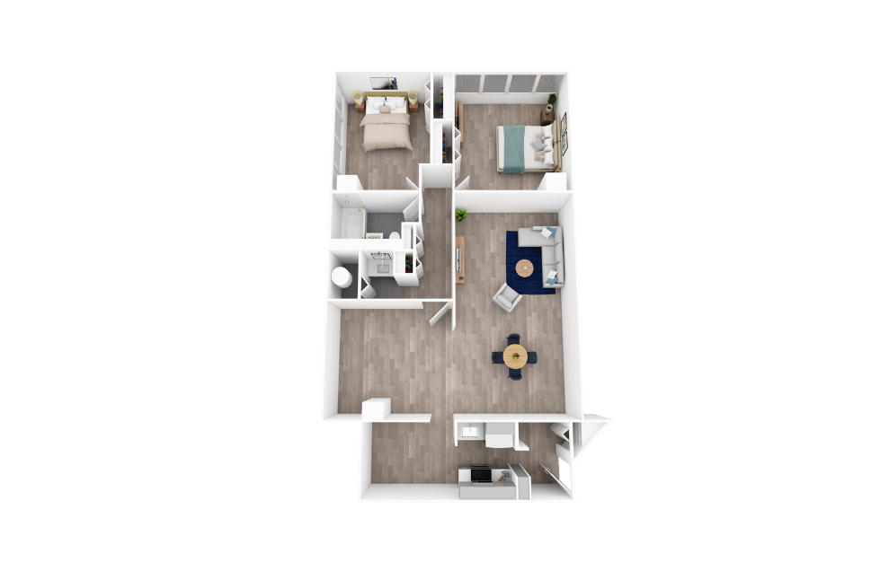 2 Bed 1 Bath F - 2 bedroom floorplan layout with 1 bath and 950 square feet. (3D)