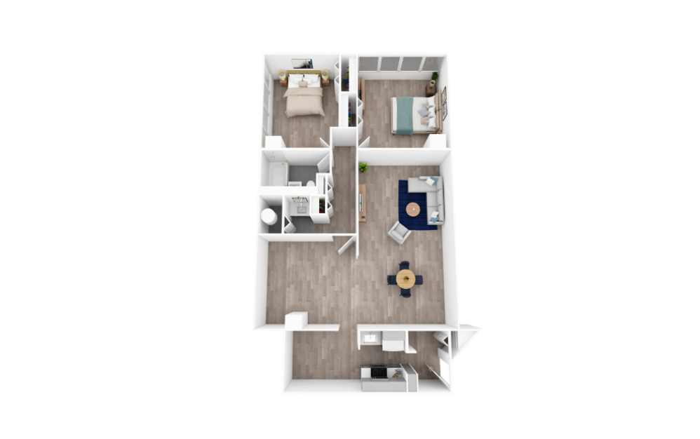 2 Bed 1 Bath F - 2 bedroom floorplan layout with 1 bathroom and 950 square feet (3D)